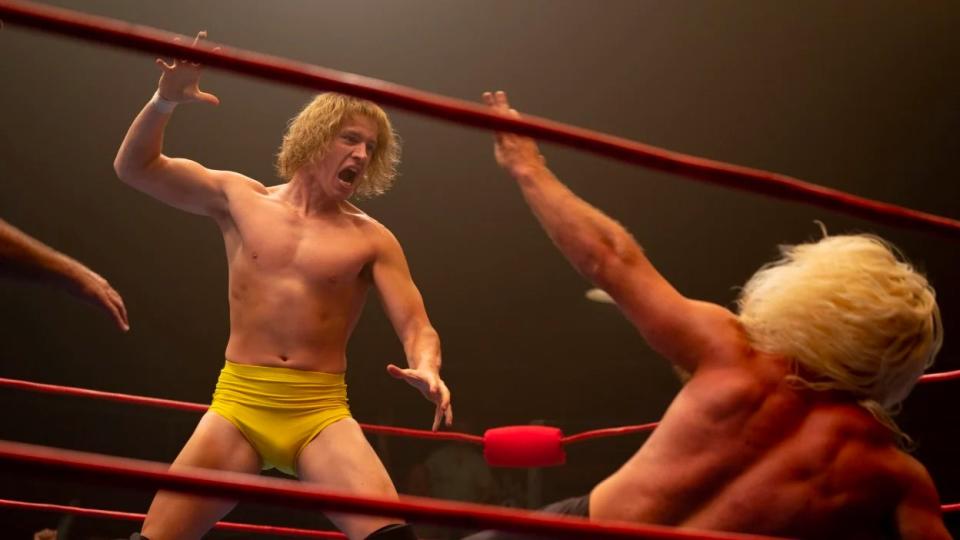 To portray wrestler David Von Erich, Harris Dickinson required tattoo-covering body makeup, a spray tan, and a custom wig.