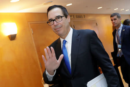 U.S. Treasury Secretary Steve Mnuchin arrives at G-20 plenary during the IMF/World Bank spring meeting in Washington, U.S., April 20, 2018. REUTERS/Yuri Gripas