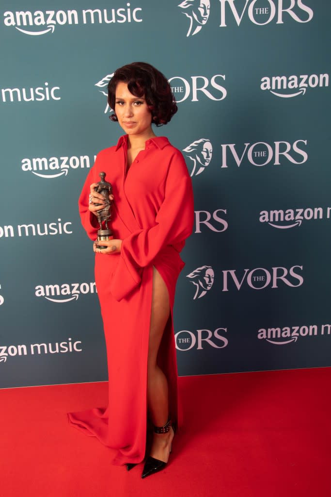 Raye poses in the Winners Room with the award for Best Contemporary Song, at the Ivor Novello Awards 2023 on May 18, 2023 in London, United Kingdom. (Photo by Dave Hogan/Hogan Media)