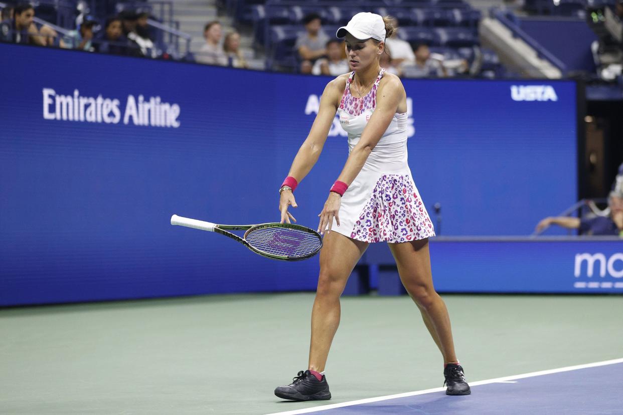 Veronika Kudermetova throws her racket against Ons Jabeur of Tunisia during their Women’s Singles Fourth Round match on Day Seven of the 2022 U.S. Open at USTA Billie Jean King National Tennis Center on Sept. 4, 2022, in Flushing, Queens.
