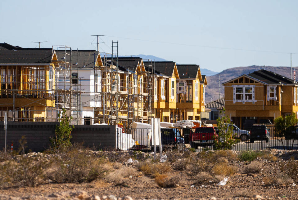 Homes are seen under construction near Wigwam Avenue and Rainbow Boulevard on Monday, Sept. 19, 2022, in Las Vegas. (Chase Stevens/Las Vegas Review-Journal) @csstevensphoto