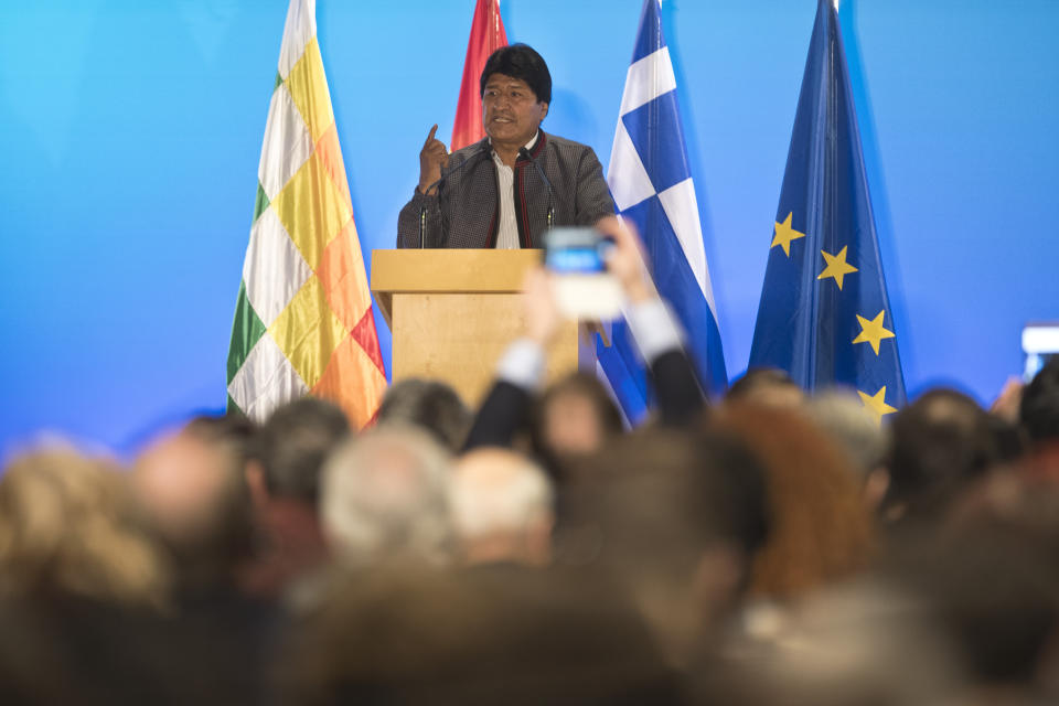 Bolivian President Evo Morales speaks during a conference which also Greek Prime Minister Alexis Tsipras taking part in Athens, on Thursday, March 14, 2019. Morales is in Greece on a two-day official visit.(AP Photo/Petros Giannakouris)