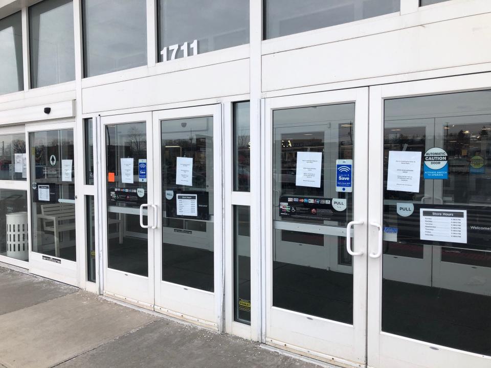 The front entrance of the Kohl's on Route 10 in Morris Plains is pictured with messages that the store "will be closed until further notice" Wednesday, March 22, 2023, a week after a car crashed into the building.