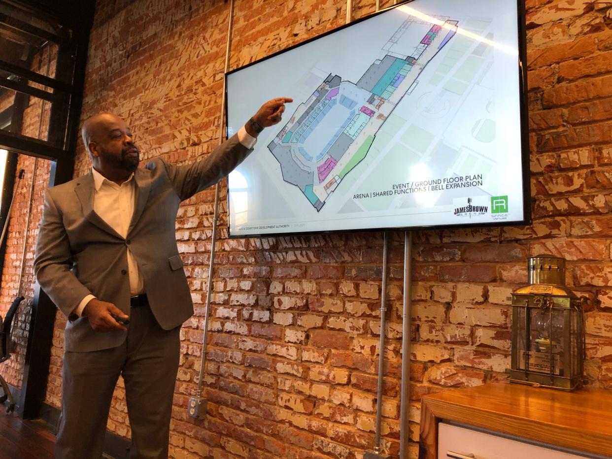 HB Brantley, a managing principal of the Atlanta construction and development firm H.J. Russell & Co., points out features of the proposed new James Brown Arena at the Augusta Convention and Visitors Bureau on March 11, 2021. Voters shot down a referendum in November 2021 that would have helped pay for the project.