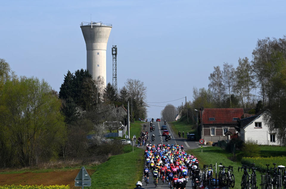 ROUBAIX FRANCE  APRIL 09 A general view of the peloton competing during the 120th ParisRoubaix 2023 Mens Elite a 2566km one day race from Compigne to Roubaix on  UCIWT  April 09 2023 in Roubaix France Photo by Tim de WaeleGetty Images