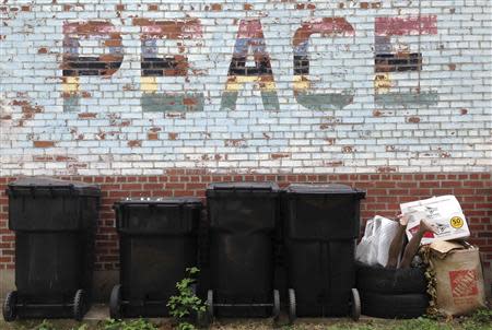 Garbage bins stand near a pile of garbage and graffiti in Gary, Indiana, September 9, 2013. REUTERS/Jim Young