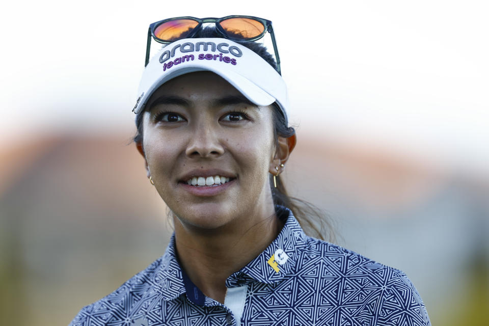 Alison Lee of the United States smiles after putting on the 18th green during the second round of the CME Group Tour Championship at Tiburon Golf Club on November 17, 2023 in Naples, Florida. (Photo by Douglas P. DeFelice/Getty Images)