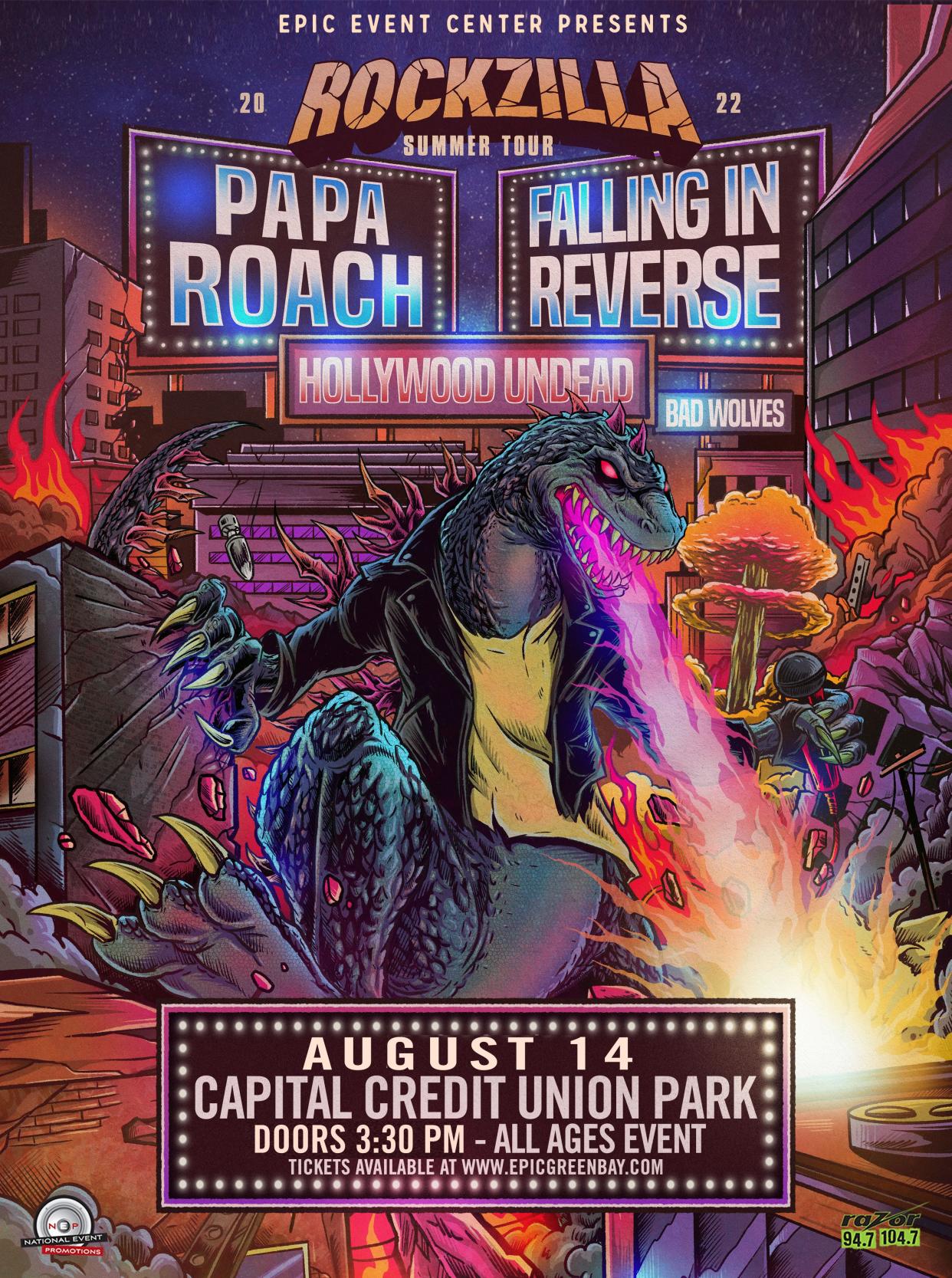 Papa Roach, Falling in Reverse, Bad Wolves and Hollywood Undead will perform Aug. 14 in Green Bay.