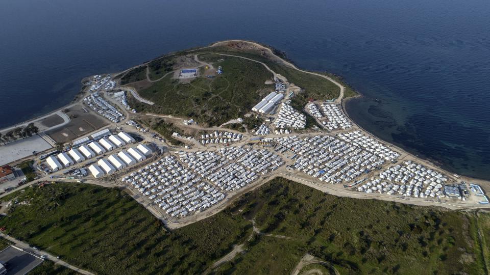 A general view above Karatepe refugee camp, on the eastern Aegean island of Lesbos, Greece, Monday, March 29, 2021. The European Union's home affairs commissioner is visiting asylum-seeker facilities on the eastern Greek islands of Samos and Lesbos amid continuing accusations against Greece of illegal summary deportations. (AP Photo/Panagiotis Balaskas)
