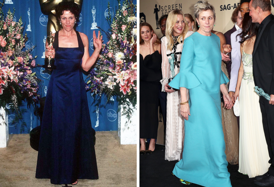 Left: At the 1997 Oscars (her first Oscar win). Right: At the 2018 SAG Awards.