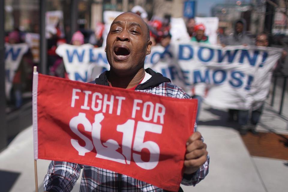 CHICAGO, ILLINOIS - APRIL 03: Demonstrators march in front of the McDonalds Headquarters demanding a minimum wage of $15-per-hour and union representation on April 03, 2019 in Chicago, Illinois. McDonald’s recently announced that the company would no longer lobby against increases in minimum-wage. Similar demonstrations were held in 10 cities around the country today.   (Photo by Scott Olson/Getty Images)