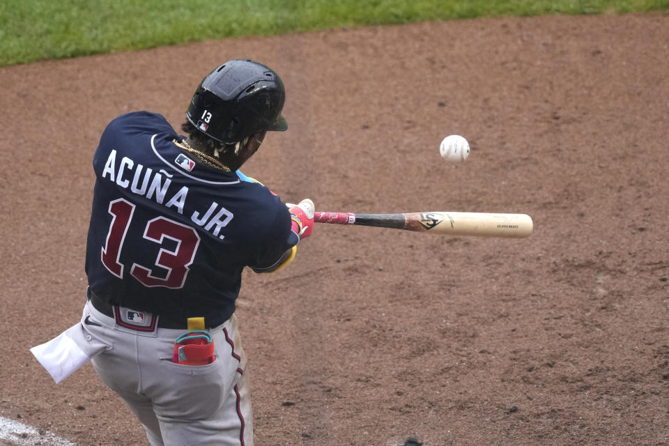 Atlanta Braves' Ronald Acuna Jr. singles off Chicago Cubs relief pitcher Michael Fulmer during the fifth inning of a baseball game Saturday, Aug. 5, 2023, in Chicago. (AP Photo/Charles Rex Arbogast)