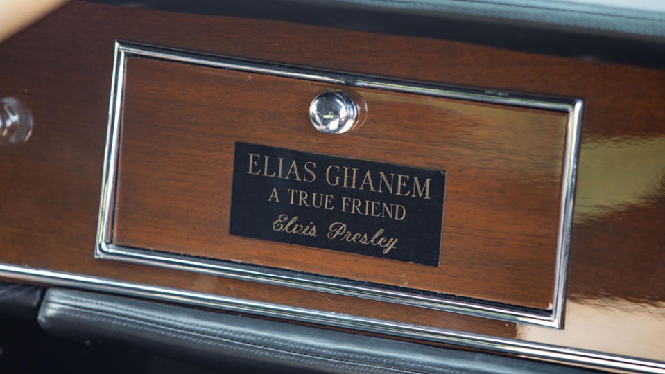 The dashboard plaque in a 1971 Stutz Blackhawk that once belonged to Elvis Presley before he gifted it to a friend.