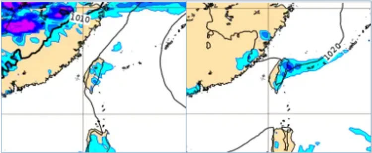 最新(22日20時)歐洲(ECMWF)模式，23日20時地面氣壓及降水模擬圖(左圖)顯示，高壓迴流、東半部偶有局部短暫雨。26日20時模擬圖(右圖)則顯示，微弱鋒面下午抵達，北部、東半部轉有局部短暫雨。取自氣象應用推廣基金會