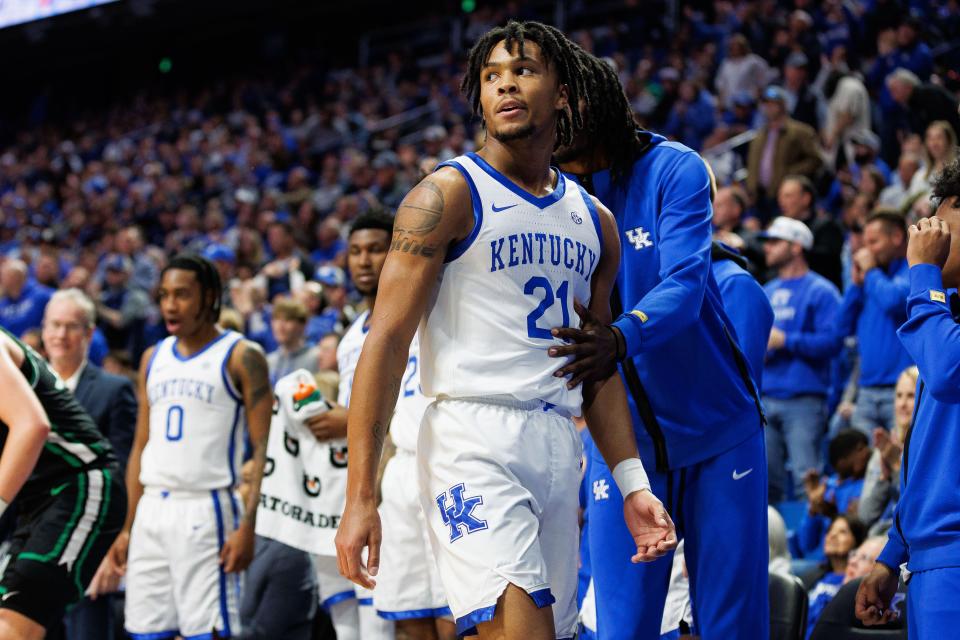 Kentucky Wildcats guard D.J. Wagner (21) reacts after fouling Marshall Thundering Herd guard Ryan Nutter in the final second of the first half at Rupp Arena at Central Bank Center.