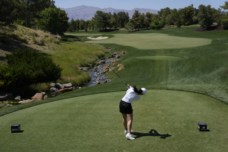 Pajaree Anannarukarn hits off the first tee during the final day of the LPGA Bank of Hope Match Play golf tournament Sunday, May 28, 2023, in North Las Vegas, Nev. (AP Photo/John Locher)