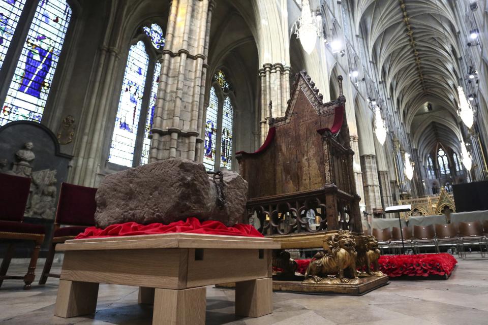 The Stone of Destiny is seen during a welcome ceremony ahead of the coronation of Britain's King Charles III, in Westminster Abbey, London, Saturday, April 29, 2023. (Susannah Ireland/Pool Photo via AP)