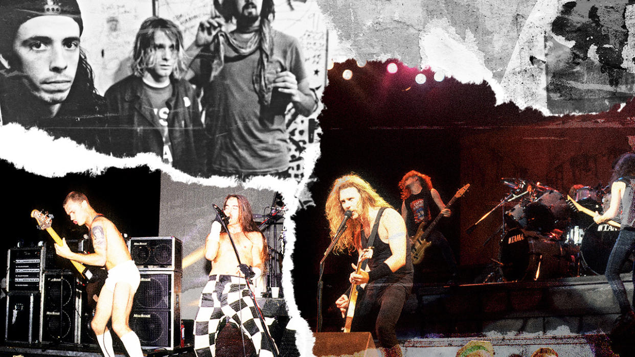  A montage of Nirvana, Red Hot Chili Peppers and Metallica 