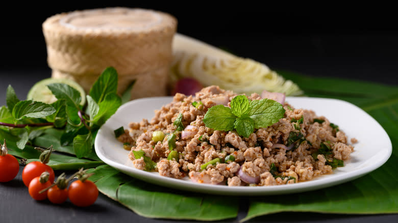 larb on plate with mint