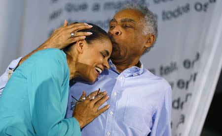 Presidential candidate Marina Silva (L) of the Brazilian Socialist Party (PSB) is greeted by Brazilian singer Gilberto Gil during a meeting with artists and intellectuals at a campaign rally in Rio de Janeiro, in this file picture taken September 17, 2014. REUTERS/Ricardo Moraes/Files