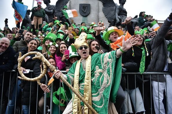 DUBLIN, IRELAND - MARCH 17: Revellers attend the St Patrick's Day Parade on March 17, 2023 in Dublin, Ireland. 17th March is the feast day of Saint Patrick commemorating the arrival of Christianity in Ireland. (Photo by Charles McQuillan/Getty Images)