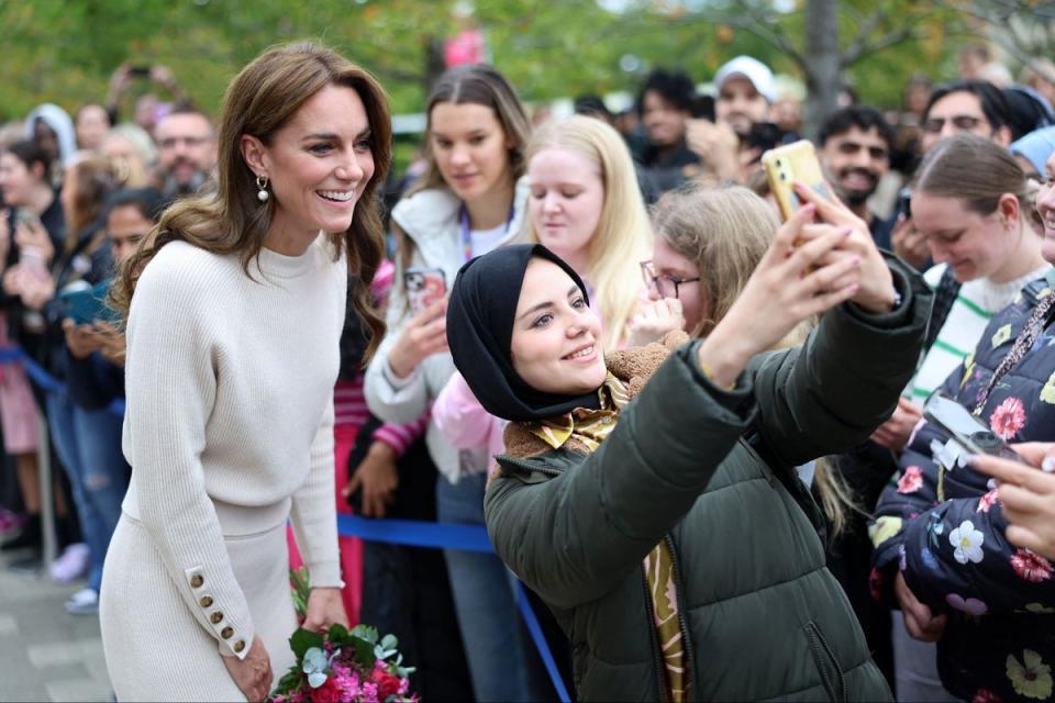 The Princess of Wales poses for a selfie during a visit to Nottingham Trent University on October 11, 2023 (POOL/AFP via Getty Images)