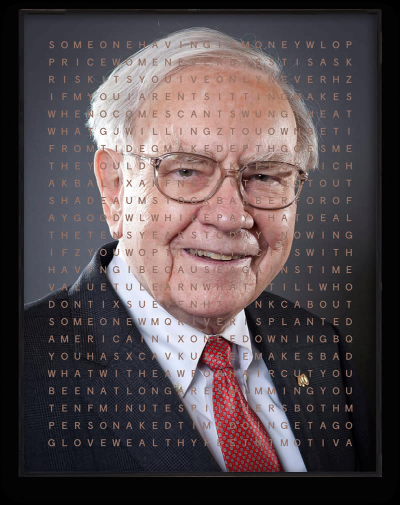 FILE - This undated photo provided by Motiva Art shows the high-tech portrait of Warren Buffett that is being auctioned off to raise money for one of the billionaire’s favorite charities, Girls Inc. of Omaha. The portrait of Buffett features a grid of letters over the picture that light up to spell out several of the legendary investor’s famous quotes. The eBay auction of this artwork probably won't rival the $19 million someone paid earlier this year for a private lunch with Buffett, but it's still likely to attract big bidders among the Berkshire Hathaway CEO's devoted followers. (Motiva Art via AP)