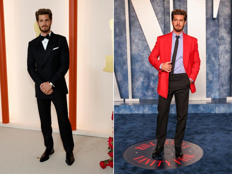 A side-by-side of Andrew Garfield at the Oscars and the Vanity Fair Oscars After Party in 2023.