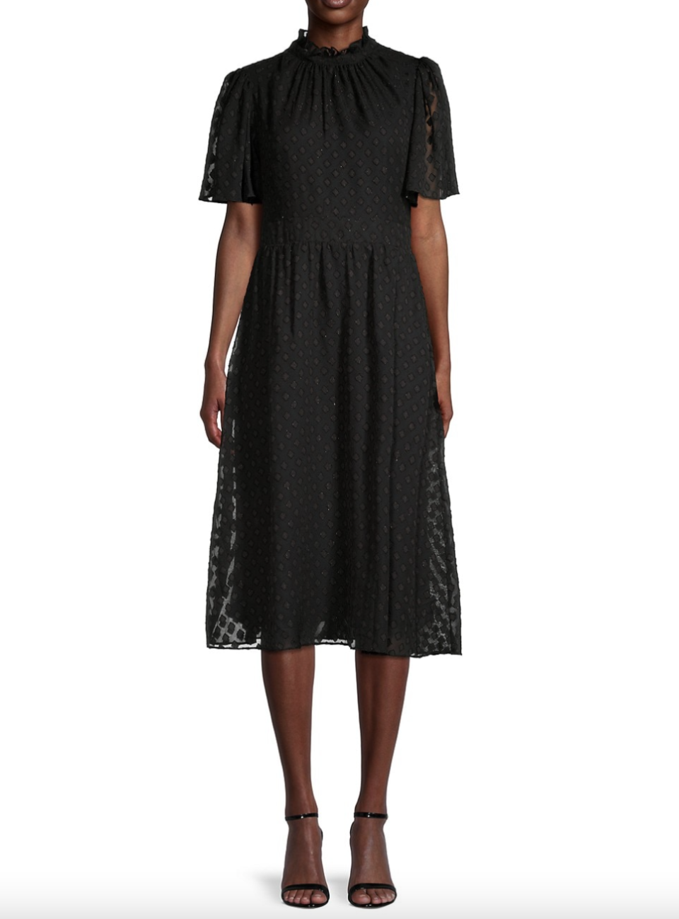 black model in black short sleeved Julia Jordan Textured Flare Dress (Photo via Saks Off Fifth)