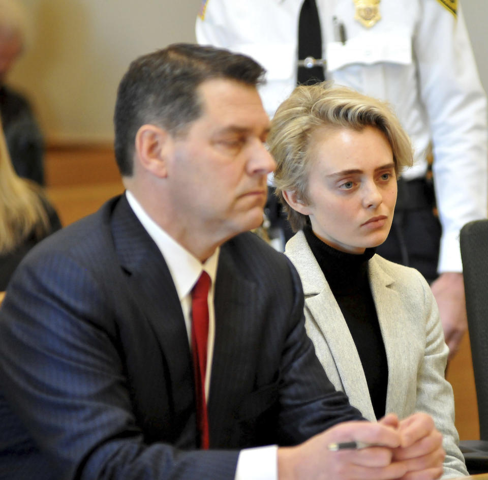 Michelle Carter, 22, appears in Taunton District Court in Taunton, Mass. Monday, February 11, 2019 for a hearing on her prison sentence. Carter was convicted in 2017 of involuntary manslaughter and sentenced to a 15 month prison term for encouraging 18-year-old Conrad Roy, III to kill himself when she instructed him over the phone to get back in his truck that was filling with toxic gas in July 2014. Her sentence was put on hold while the court reviewed the case and the defense argument that her actions were not criminal. Her conviction was upheld. Carter was jailed Monday on an involuntary manslaughter conviction. (Mark Stockwell/The Sun Chronicle via AP, Pool)