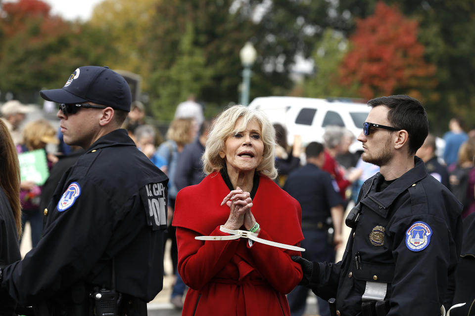 WASHINGTON, DC - OCTOBER 25: Actress Jane Fonda is arrested during the "Fire Drill Friday" Climate Change Protest on October 25, 2019 in Washington, DC . Protesters demand Immediate Action for a Green New Deal. Clean renewable energy by 2030, and no new exploration or drilling for Fossil Fuels.  (Photo by John Lamparski/Getty Images)