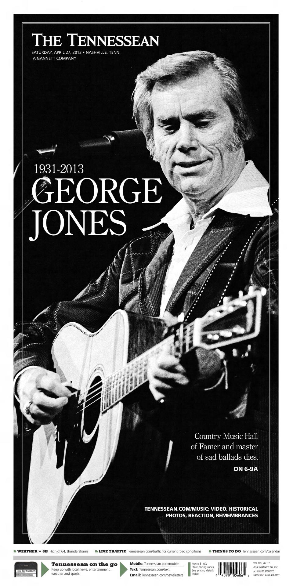 The front page of the April 27, 2013, of The (Nashville) Tennessean for the coverage of the death of George Jones.