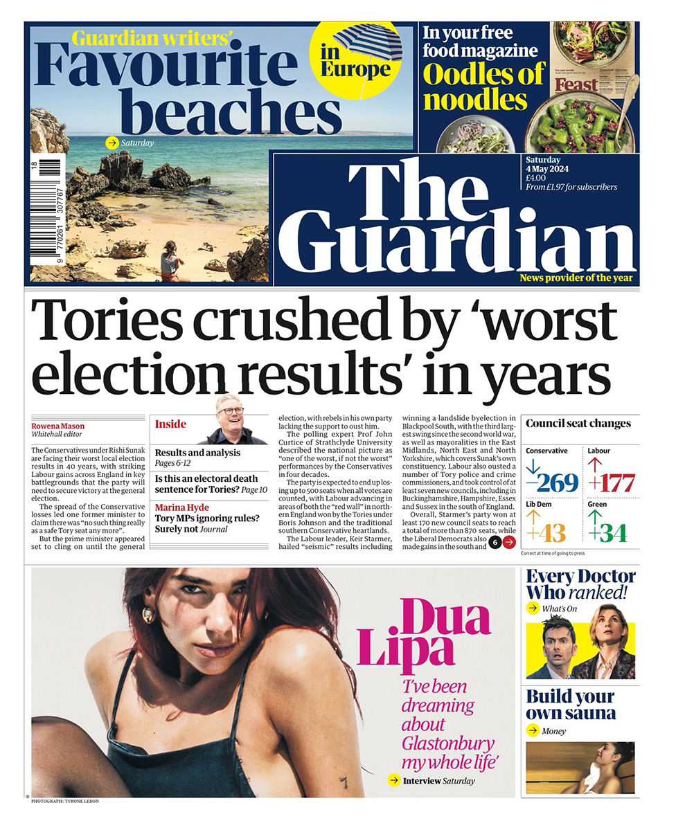 The headline on the front page of the Guardian reads: "Tories crushed by 'worst election results' in years