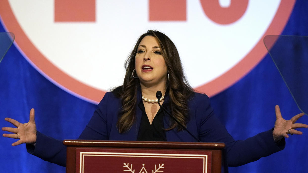 Ronna McDaniel, the GOP chairwoman, speaks during the Republican National Committee winter meeting Feb. 4, 2022, in Salt Lake City. (AP)