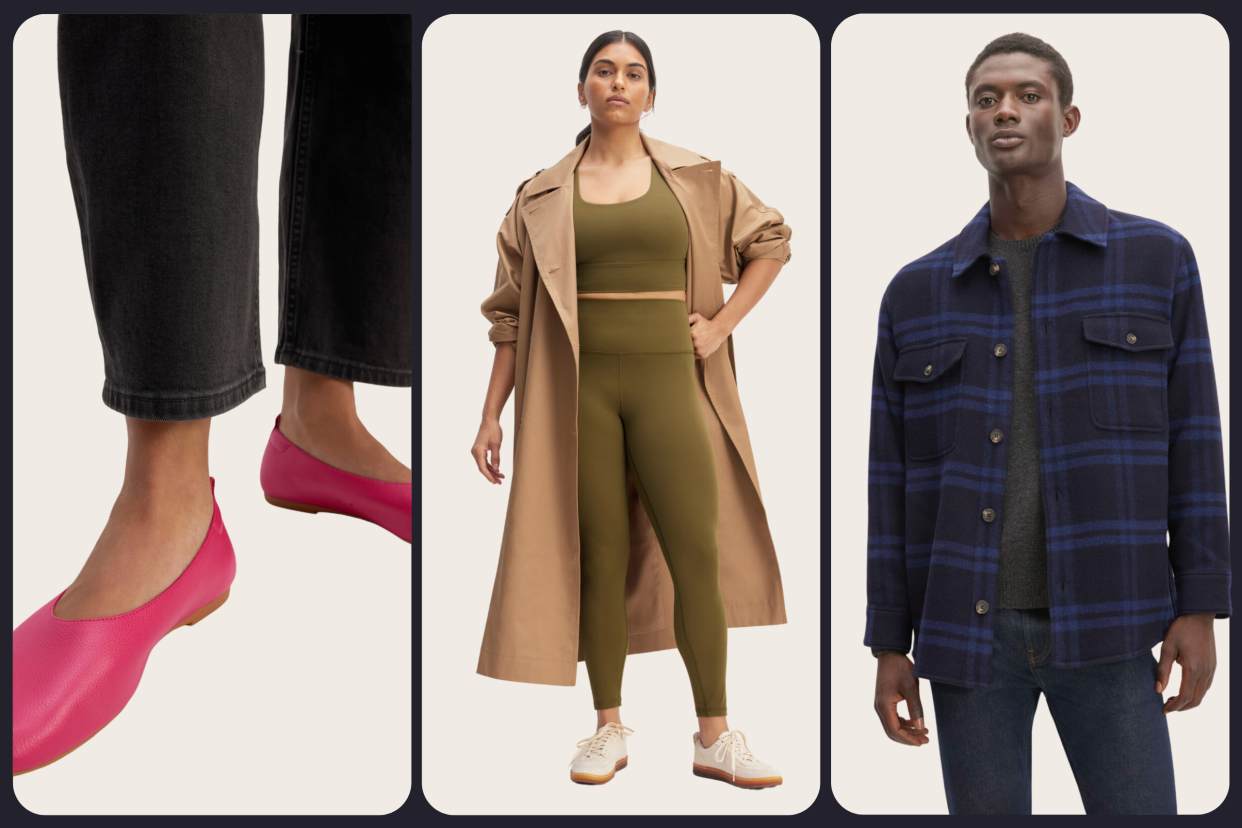 everlane pink day glove flats, olive green leggings and crop top, blue flannel men's shirt