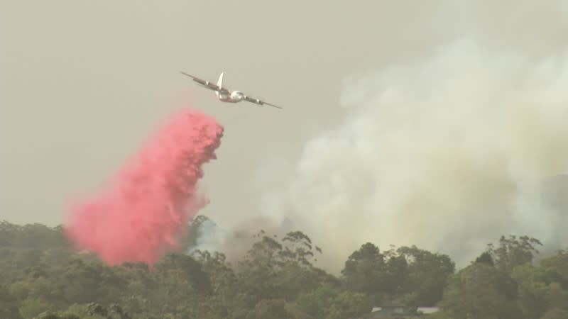 A plane releases fire retardant over forest during bushfires in South Turramurra