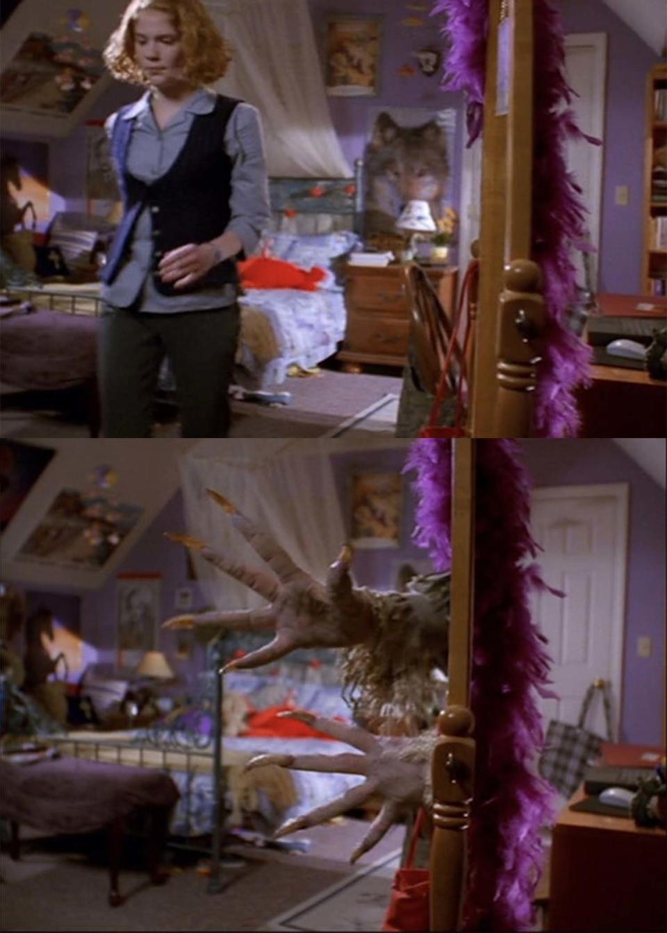 Top: Erin Chambers as Frances leaves her bedroom and walks past a mirror in "Don't Look Under the Bed" Bottom: A shriveled pair of hands with long fingernails protrudes the mirror with no one behind it as it reaches out in "Don't Look Under the Bed"