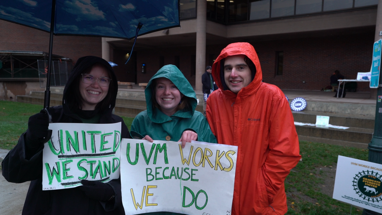 On Oct. 30, 2023, University of Vermont graduate student workers braved the cold rain to rally on campus in support of a union.