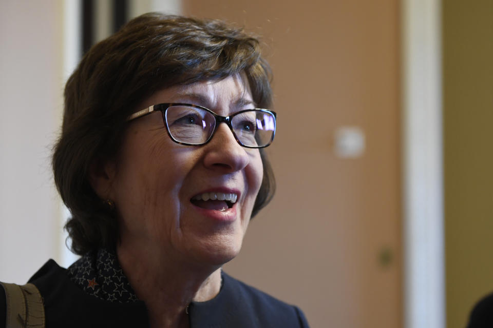 Sen. Susan Collins, R-Maine, talks to reporters on Capitol Hill in Washington, Wednesday, Jan. 15, 2020. (AP Photo/Susan Walsh)