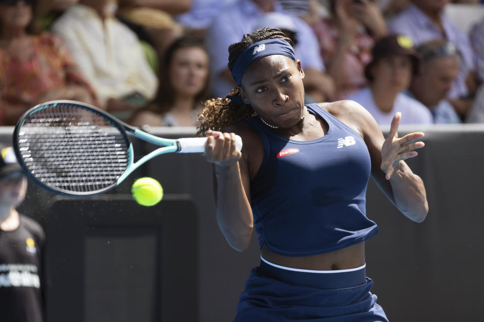 Coco Gauff of the U.S., plays a shot during her singles match against her compatriot Claire Liu, at the ASB Classic tennis tournament in Auckland, New Zealand, Tuesday, Jan. 2, 2024. (Brett Phibbs/Photosport via AP)