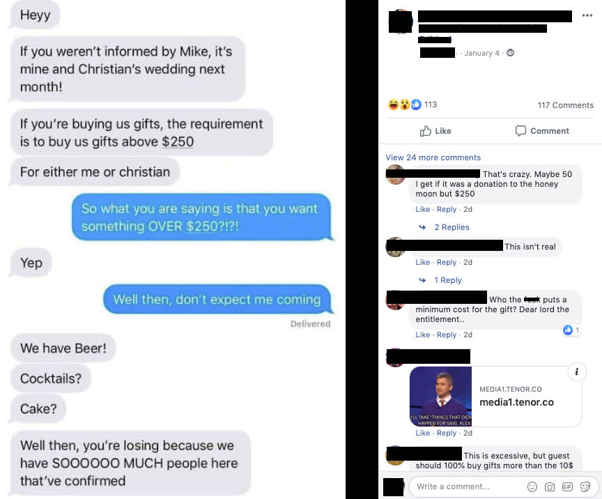 Facebook users react to the bride's 'crazy' demand. Photo: Facebook.