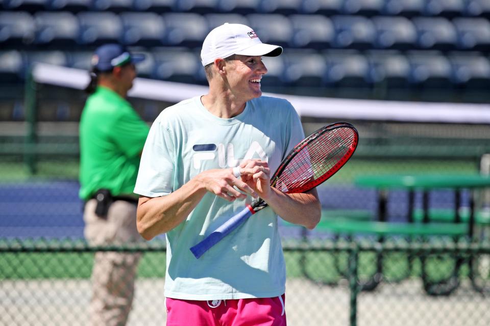 American John Isner practices during day two of the BNP Paribas Open at the Indian Wells Tennis Garden in Indian Wells, Calif., on Tuesday, March 7, 2023.