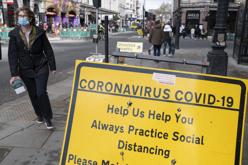 People return to the West End as as non-essential retail shops reopen and the national coronavirus lockdown three eases, and social distancing measures are still in place on 15th April 2021 in London, United Kingdom. Now that the roadmap for coming out of the national lockdown has been laid out, this is the first phase of the easing of restrictions, and large numbers of people are out in London's retail district. (photo by Mike Kemp/In Pictures via Getty Images)