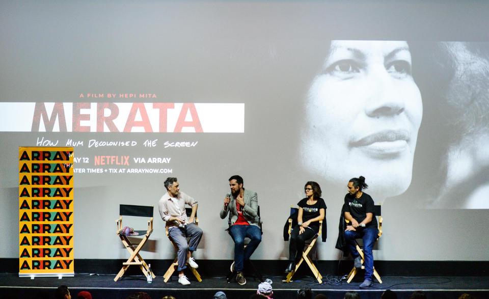 Film directors Taika Waititi, Hepi Mita, film producers Chelsea Winstanley, and Cliff Curtis attend the "MERATA: How Mum Decolonised the Screen" Screening/Q&A at the Ahrya Fine Arts Movie Theater