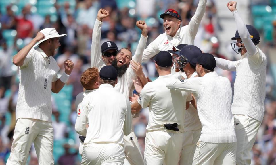 Moeen Ali (centre) celebrates his hat-trick against South Africa in 2017.