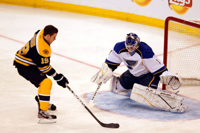 OTTAWA, ON - JANUARY 28: Tyler Seguin #19 of the Boston Bruins and Team Chara takes a shot on Brian Elliott #1 of the St. Louis Blues and Team Alfredsson during Tim Hortons NHL Elimination Shoot Out part of the 2012 Molson Canadian NHL All-Star Skills Competition at Scotiabank Place on January 28, 2012 in Ottawa, Ontario, Canada. (Photo by Gregory Shamus/Getty Images)