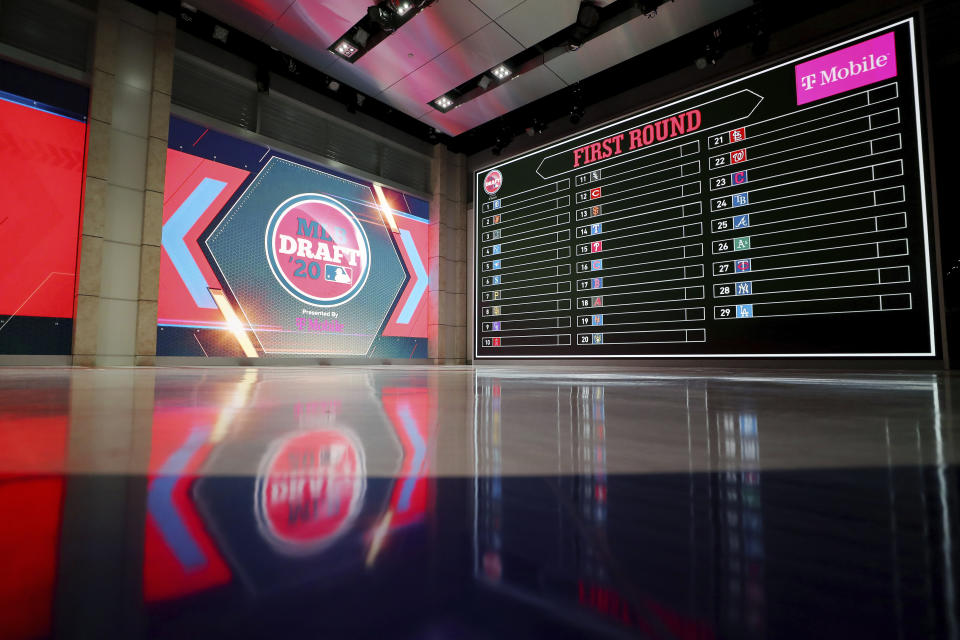 In a photo provided by MLB Photos, the baseball draft board is seen Monday, June 8, 2020 in Secaucus, N.J., for Wednesday's draft. (Alex Trautwig/MLB Photos via AP)