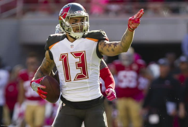Oct 23, 2016; Santa Clara, CA, USA; Tampa Bay Buccaneers wide receiver Mike Evans (13) gestures after a catch against the San Francisco 49ers during the third quarter at Levi's Stadium. The Tampa Bay Buccaneers defeated the San Francisco 49ers 34-17. Mandatory Credit: Kelley L Cox-USA TODAY Sports