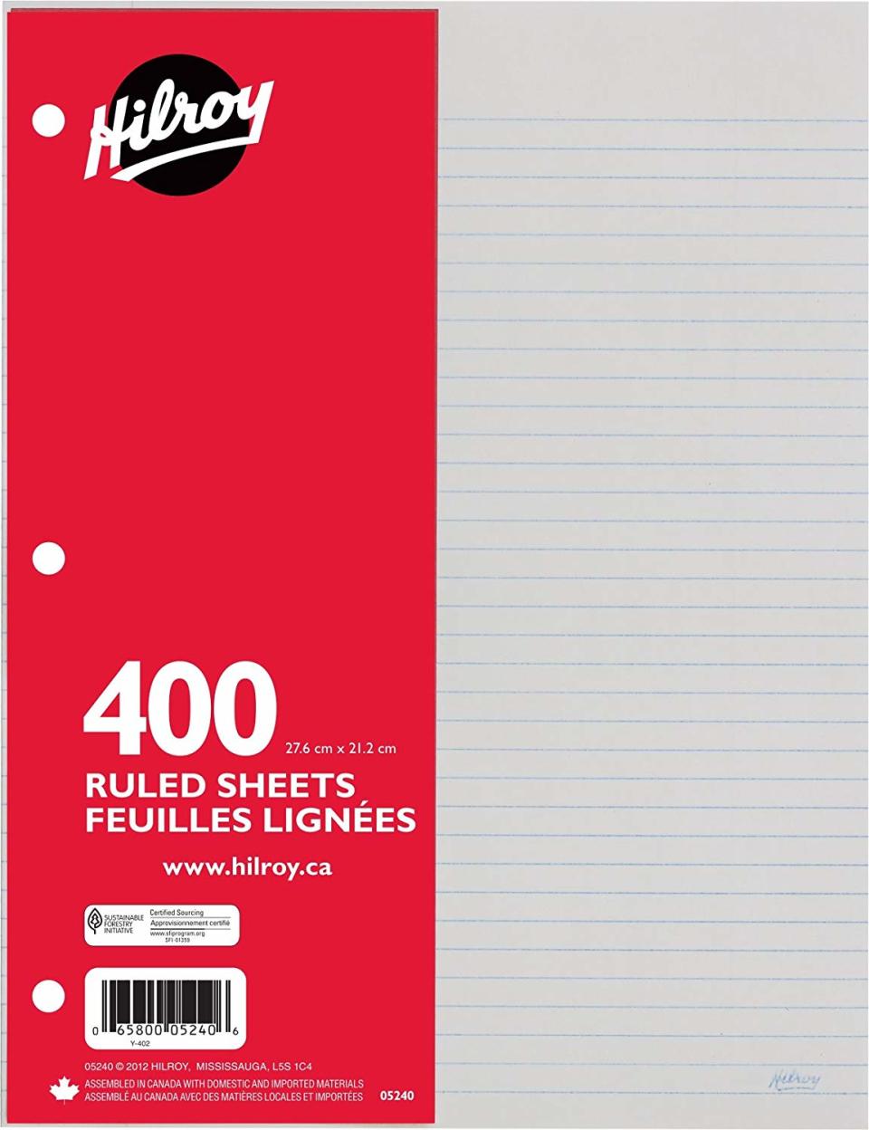 Hilroy Ruled Refill Paper, 3 Hole Punched, 10-7/8 X 8-3/8 Inches, 400 Sheets Per Pack, White (05240)