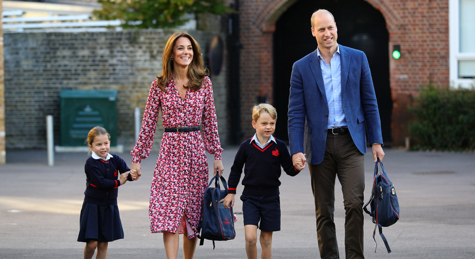 The Duke and Duchess of Cambridge drop off Princess Charlotte of her first day of school along with Prince George [Photo: Getty Images]